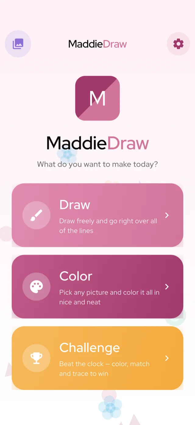 MaddieDraw's simple home screen with big, friendly buttons